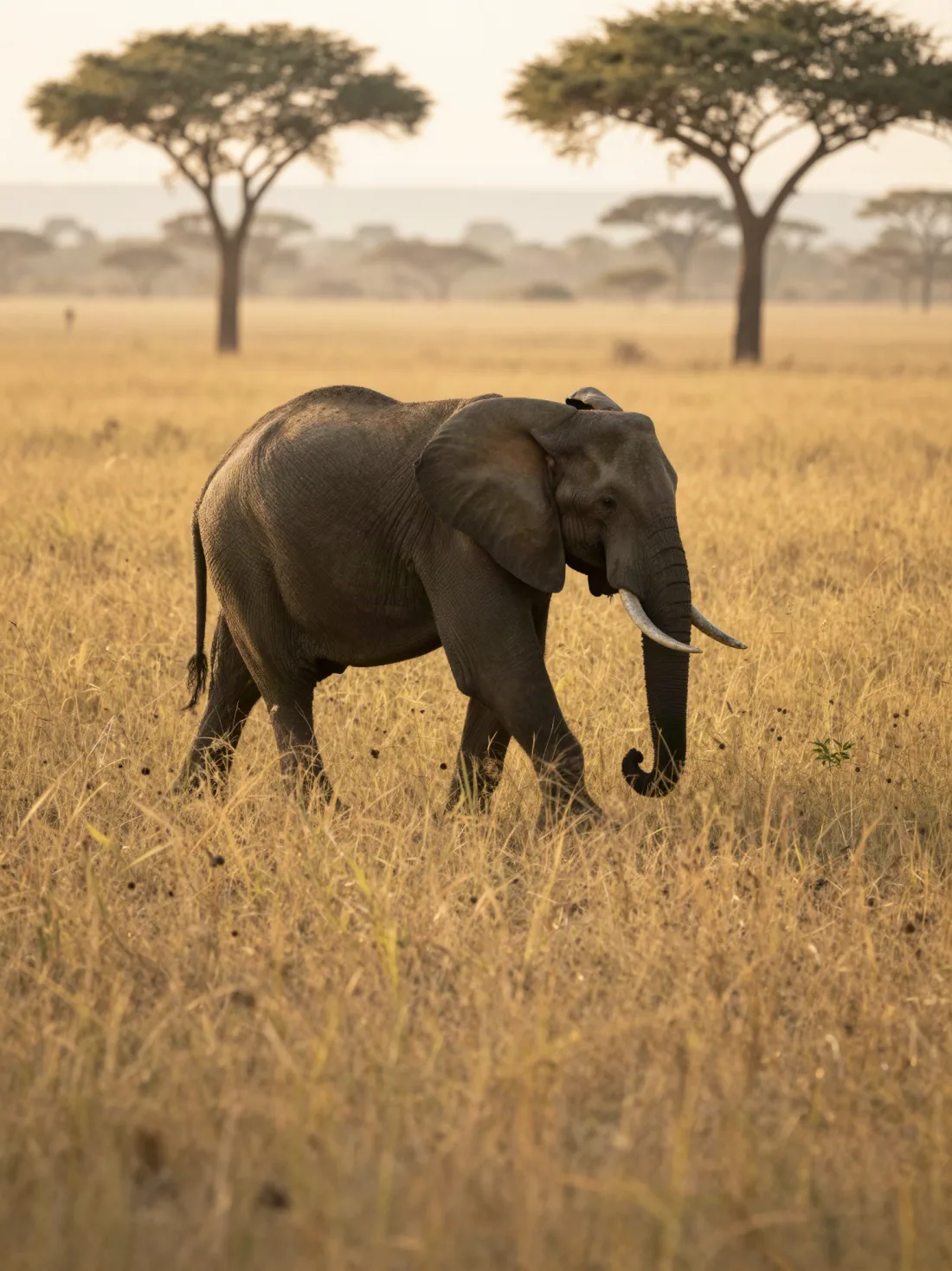 An elephant walking through open savanna grassland at sunrise
